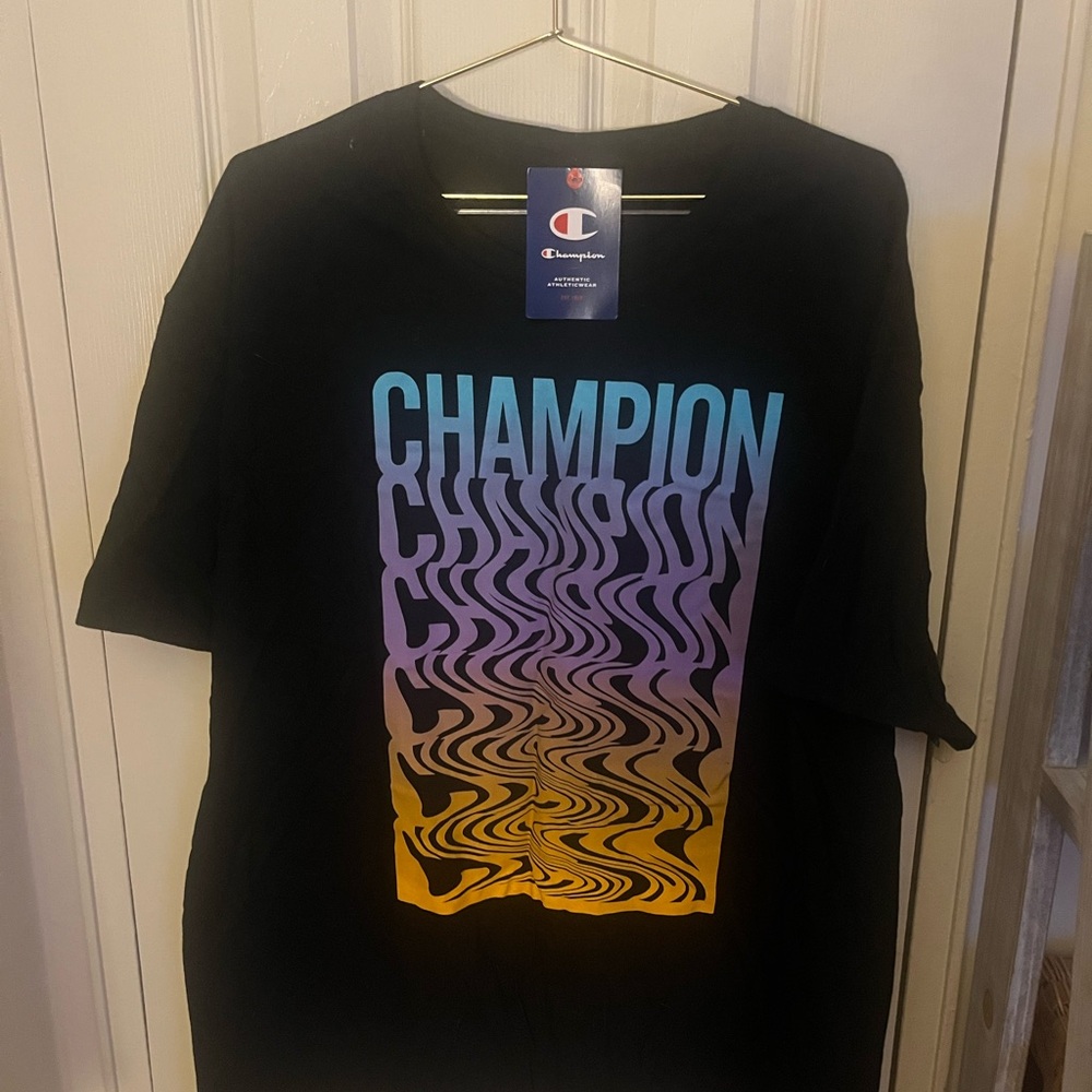 Champion Black Tee with Blue Gradient Logo